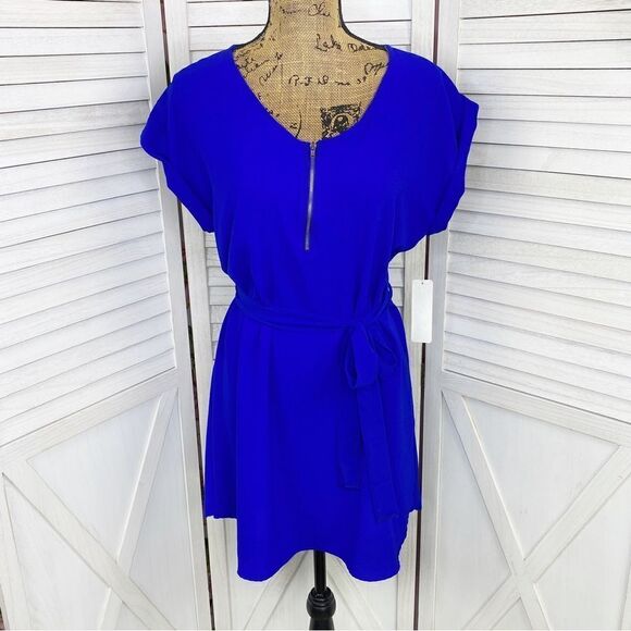 Tovia Scoop Neck Tie Waist Tunic Shirt Dress Cobalt Blue Large Mini - Picture 1 of 13